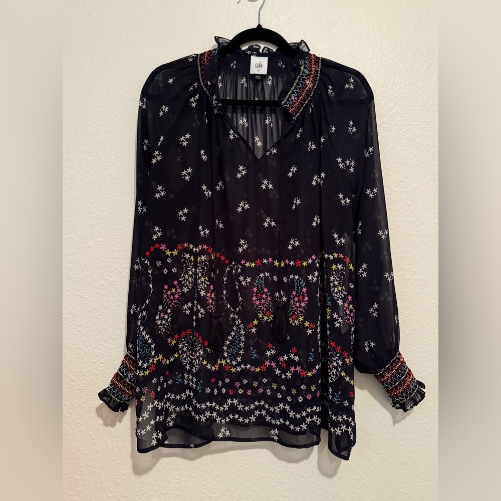 CAbi Navy Floral Embroidered Peasant Blouse Sheer Size M